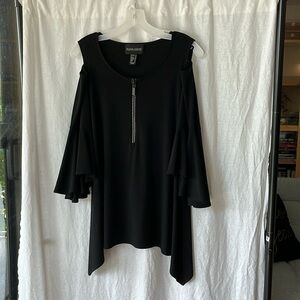 Frank Lyman - size 8 - Black asymmetrical hem, peekaboo shoulder tunic, zipper